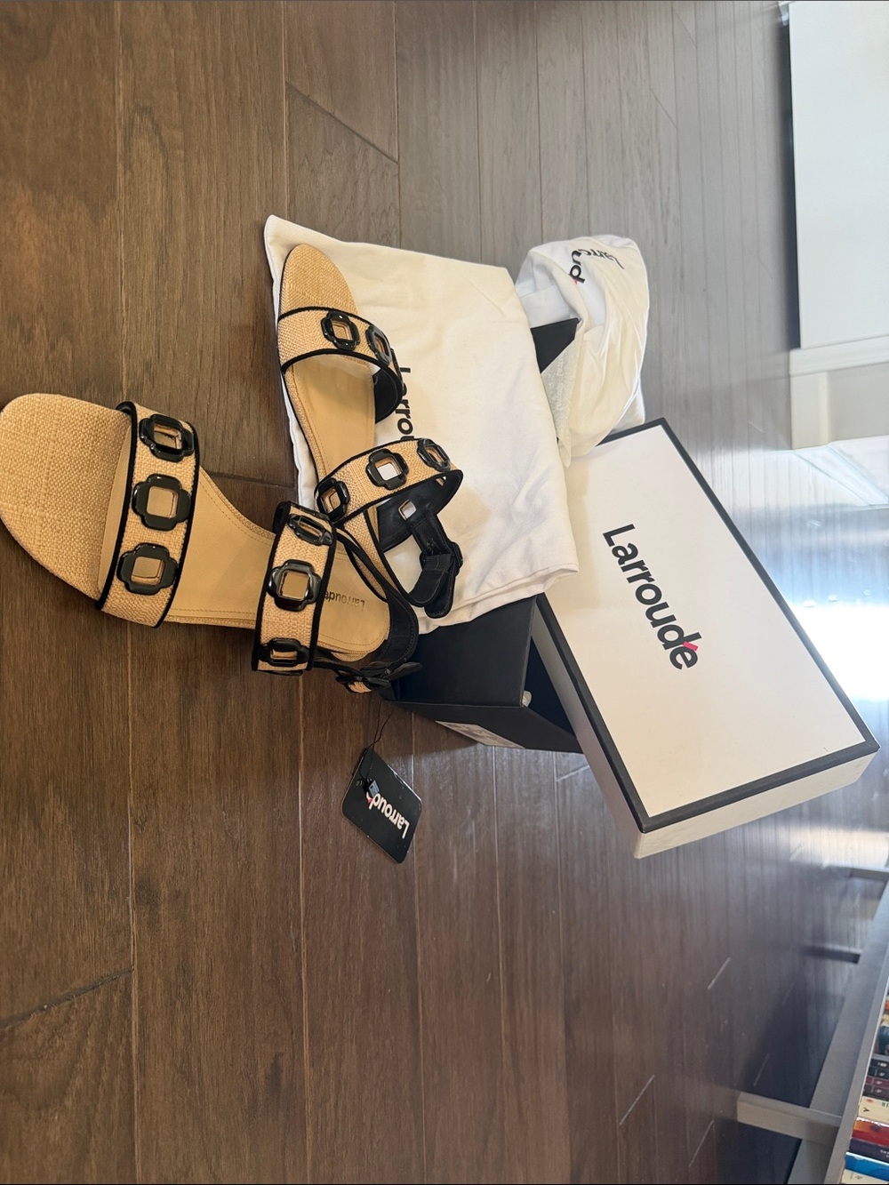 Larroude Black & Tan Buckled Strappy Sandals